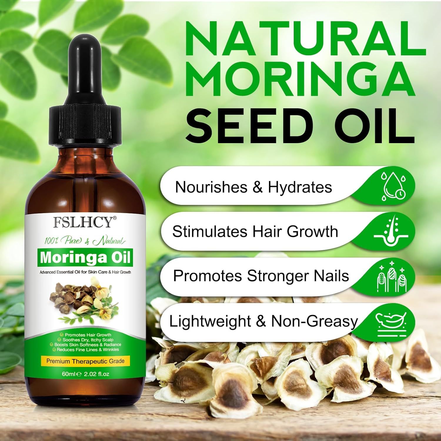 Flacone di vetro marrone con olio di Moringa, circondato da semi. Scritta: Moringa Oil. Promuove la crescita dei capelli.