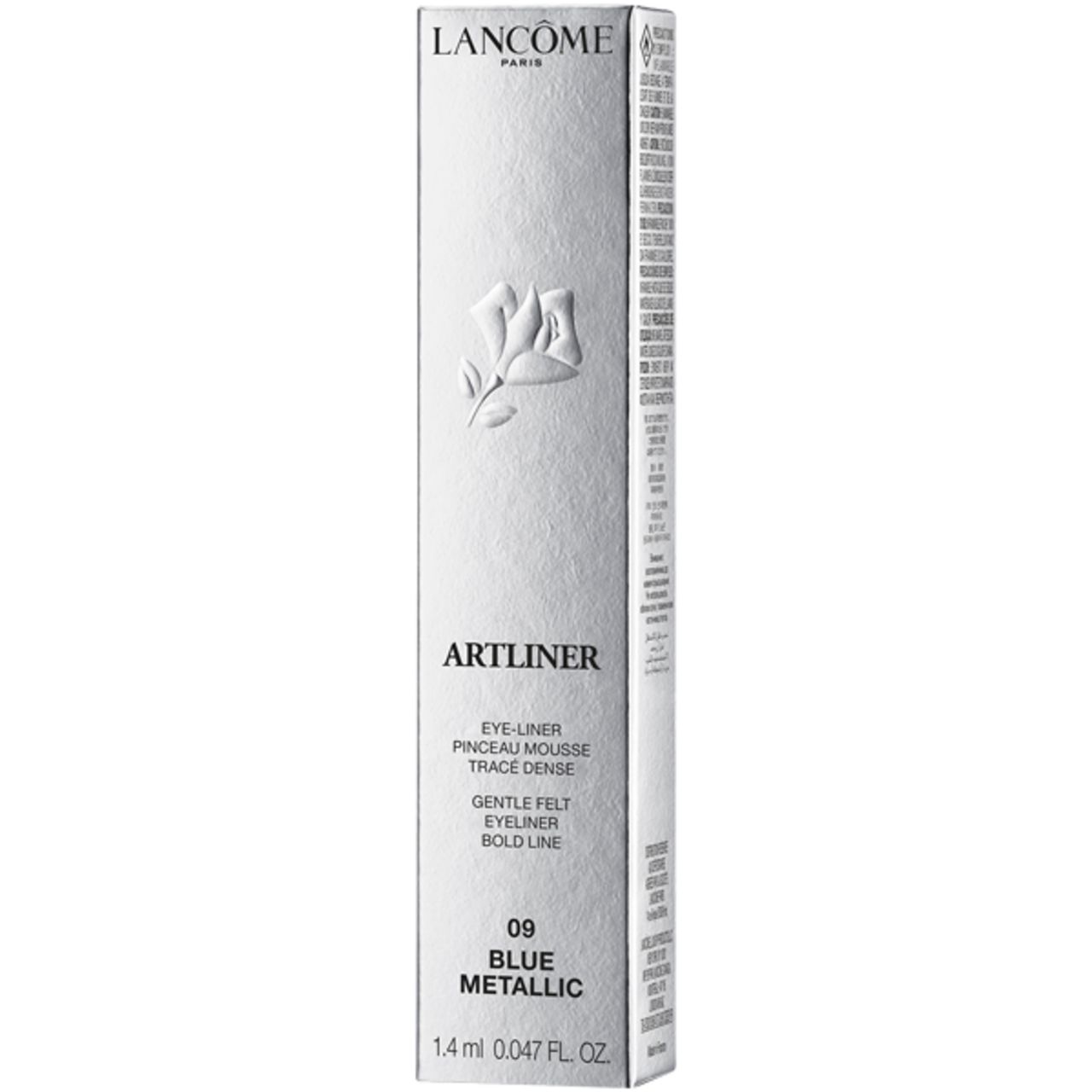Confezione argentata con informazioni sul prodotto. Scritte: LANCÔME, ARTLINER, BLUE METALLIC. Contiene 1,4 ml.