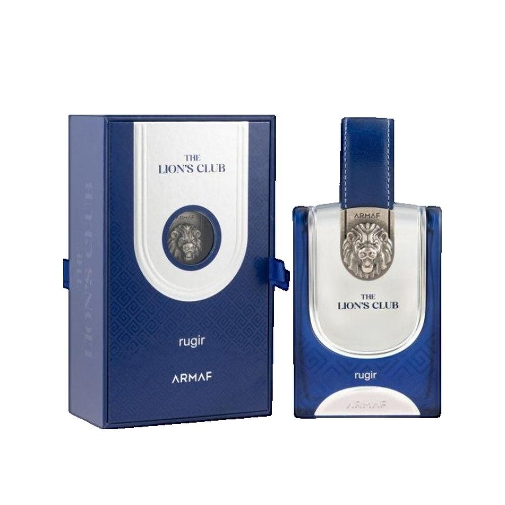 Flacone blu-argento con manico in pelle e confezione. Scritta: "The Lion's Club", "Armaf Rugir". Emblema testa di leone.