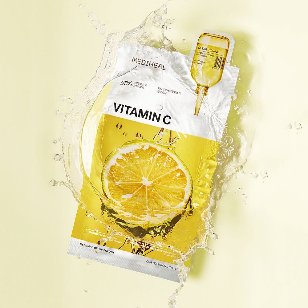 Confezione maschera in tessuto MEDIHEAL Vitamin C con limone e acqua. Confezione gialla con fiala dosatrice.