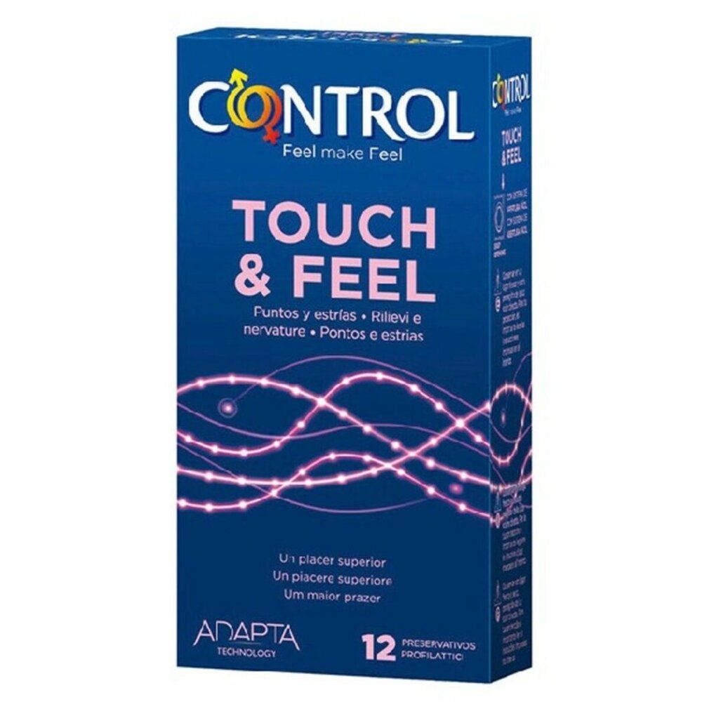 Confezione di Control TOUCH & FEEL. 12 preservativi. Illustrazione di onde. Marchio Control. Tecnologia Adapt.