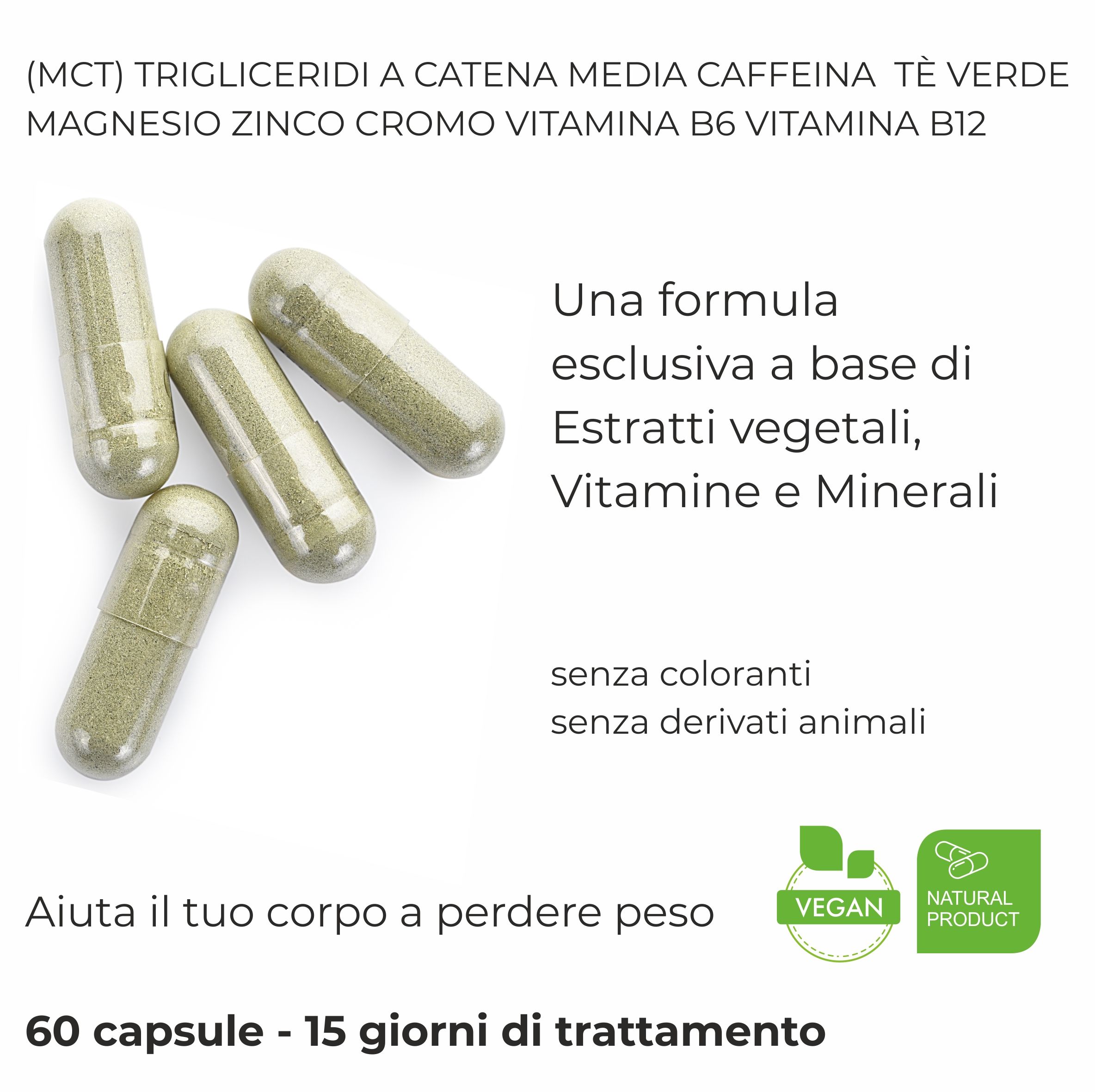 Capsule Keto. Testo: Una formula esclusiva a base di estratti vegetali, vitamine e minerali.