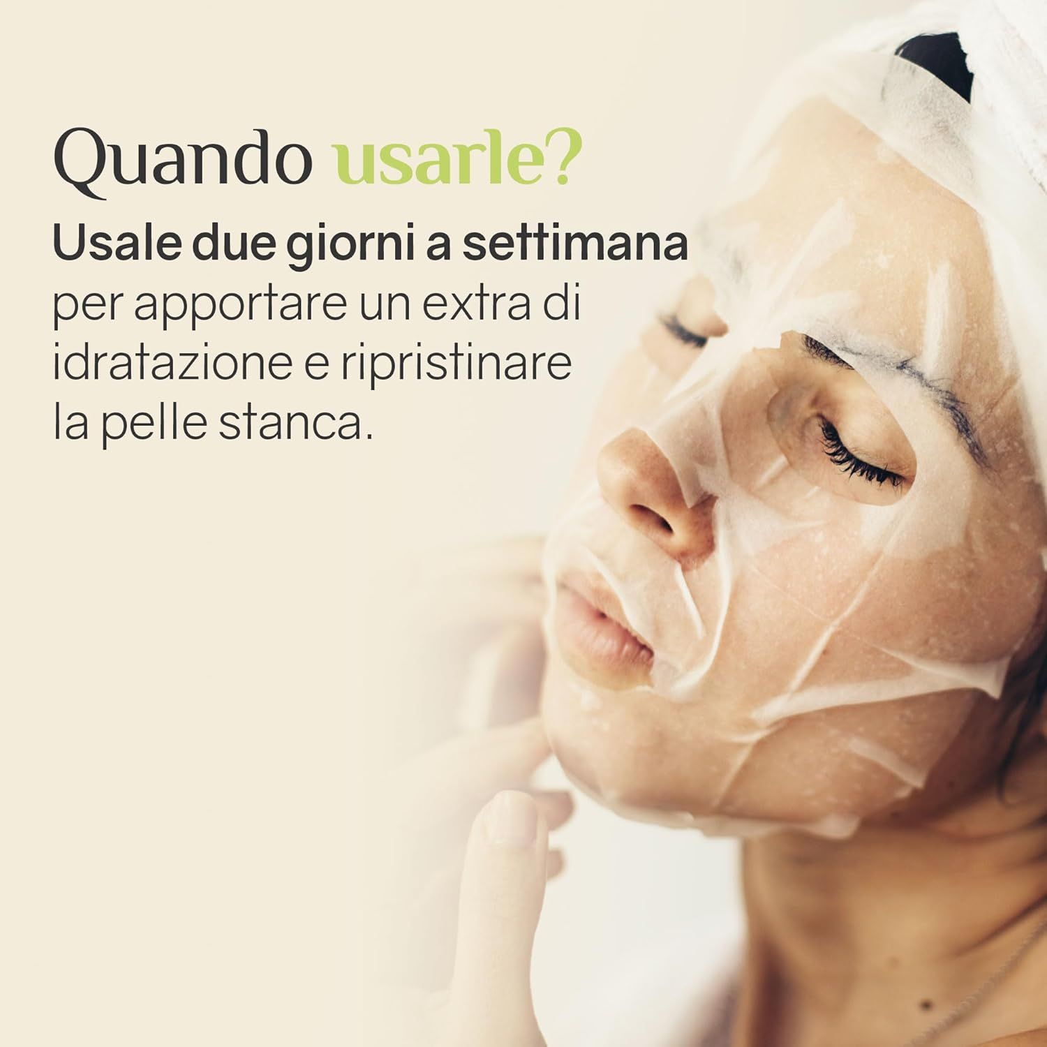 Donna con maschera viso. Uso: 2 volte a settimana. Idrata e ripristina la pelle stanca.