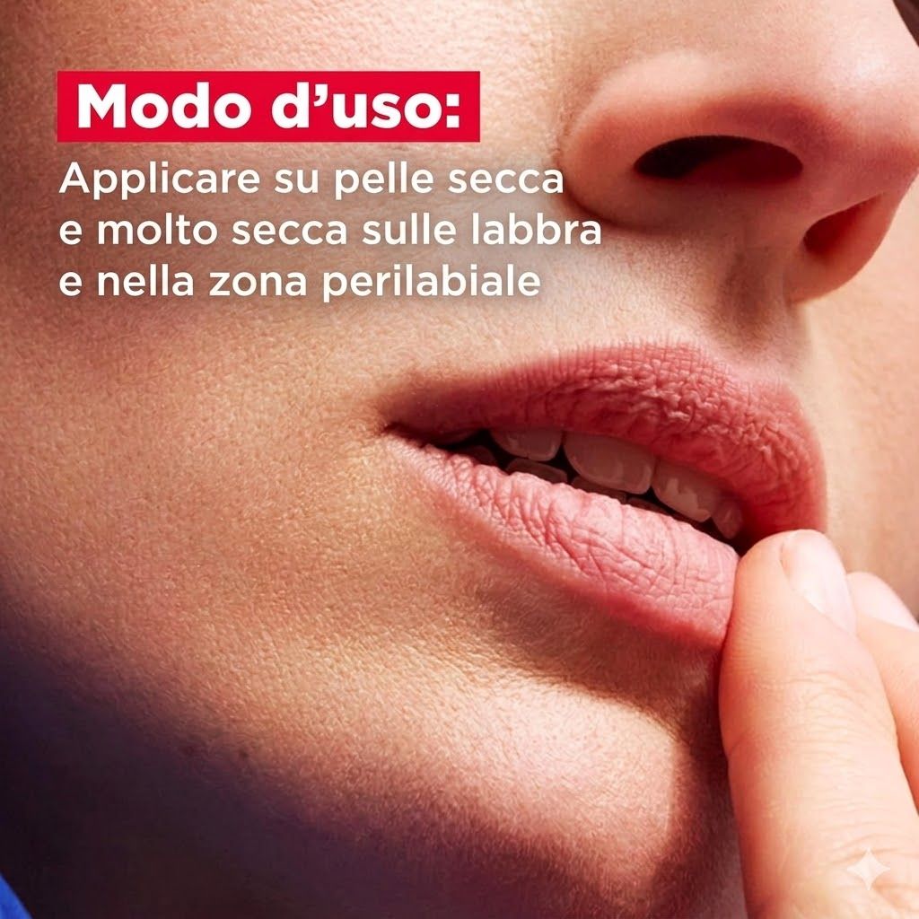 Primo piano delle labbra. Modo d'uso: Applicare su pelle secca su labbra e bocca.