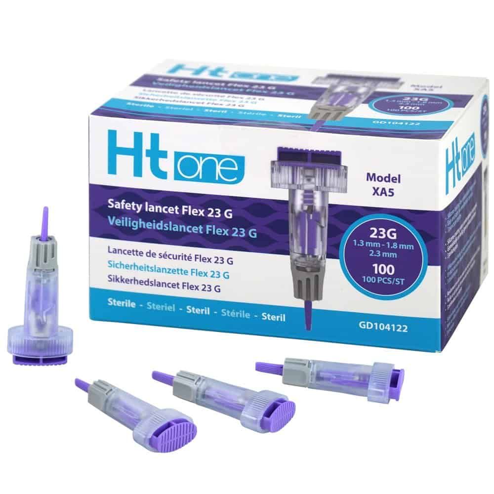 Confezione HT One Safety Lancet Flex 23G con un dispositivo di lancetta e quattro lancette individuali accanto.