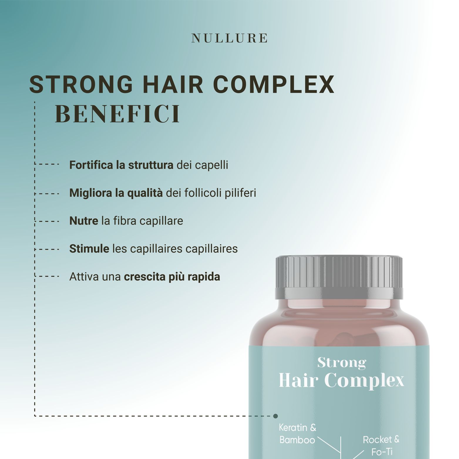 Flacone marrone con capsule. Scritta: Strong Hair Complex. Benefici: Rinforza la struttura, migliora la qualità, nutre la fibra.