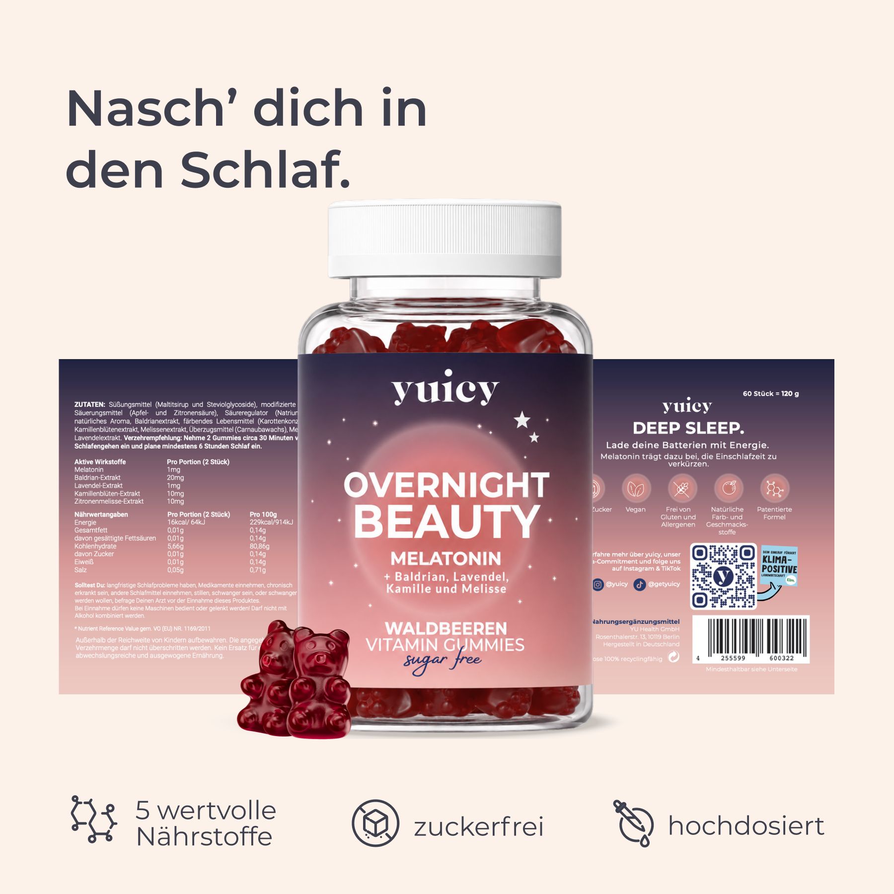 Un barattolo di yuicy® Overnight Beauty Gummies con due orsetti gommosi. Testo: Melatonina, frutti di bosco, senza zucchero. 5 nutrienti, senza zucchero, ad alto dosaggio.
