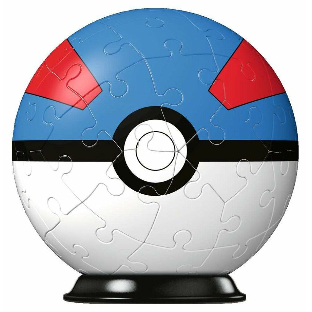Puzzle 3D a forma di sfera, blu, rosso, nero e bianco. Pezzi del puzzle visibili. Base nera.