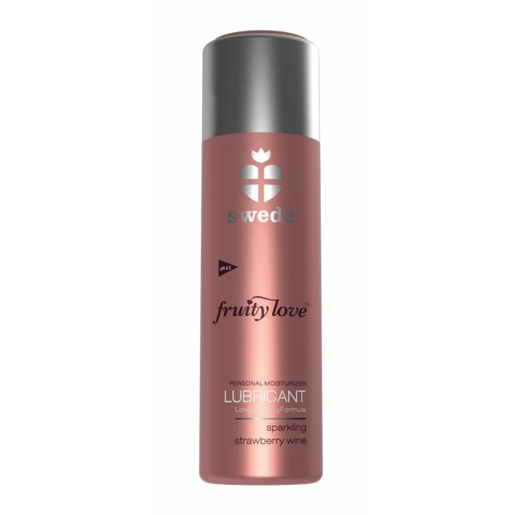Flacone rosa con tappo argentato. Scritte: swede, fruity love, Lubricant, sparkling strawberry wine.