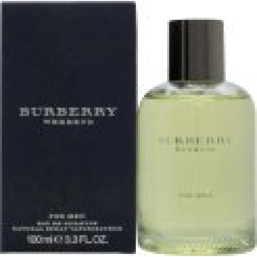 Burberry Weekend Eau de Toilette per uomo. Flacone e confezione. Scatola nera con logo. Flacone con tappo argentato.