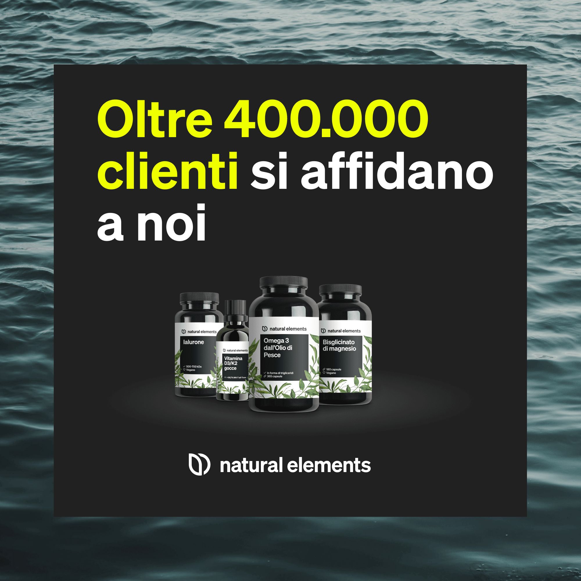 Diverse bottiglie di integratori alimentari natural elements, tra cui Omega 3 Vegan.