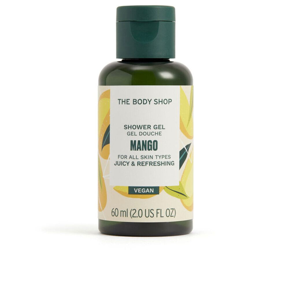 Piccolo flacone verde con etichetta gialla. Scritta: The Body Shop, Mango Shower Gel. Vegan. 60 ml.