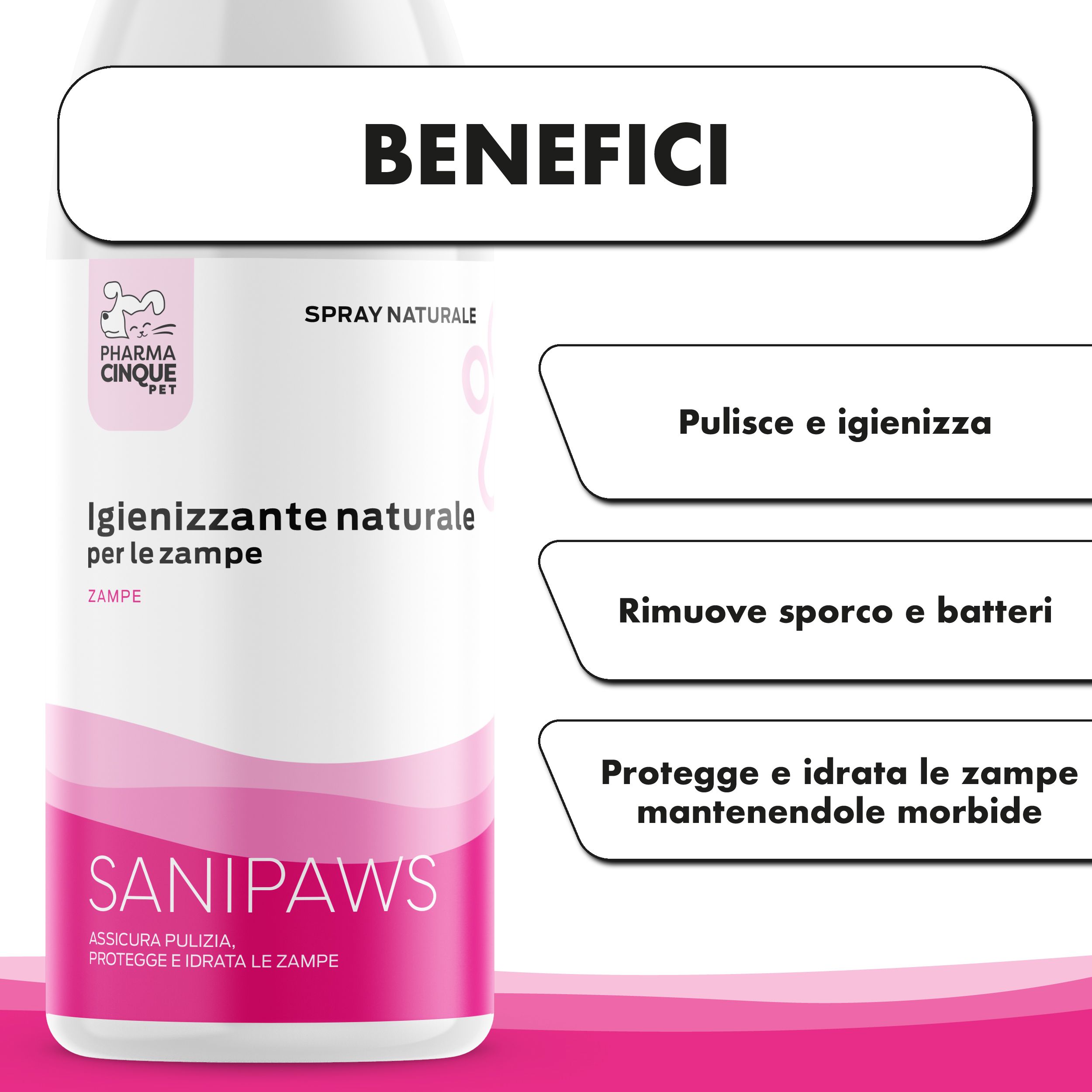 Flacone bianco con etichetta rosa. Testo: Benefici, pulisce e igienizza, rimuove sporco e batteri, protegge e idrata.