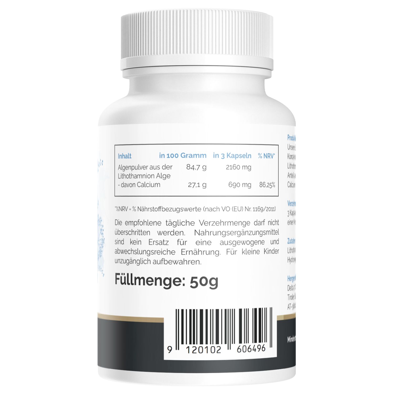 Retro del flacone. Natural Pro Calcium. Informazioni nutrizionali e quantità: 50g.