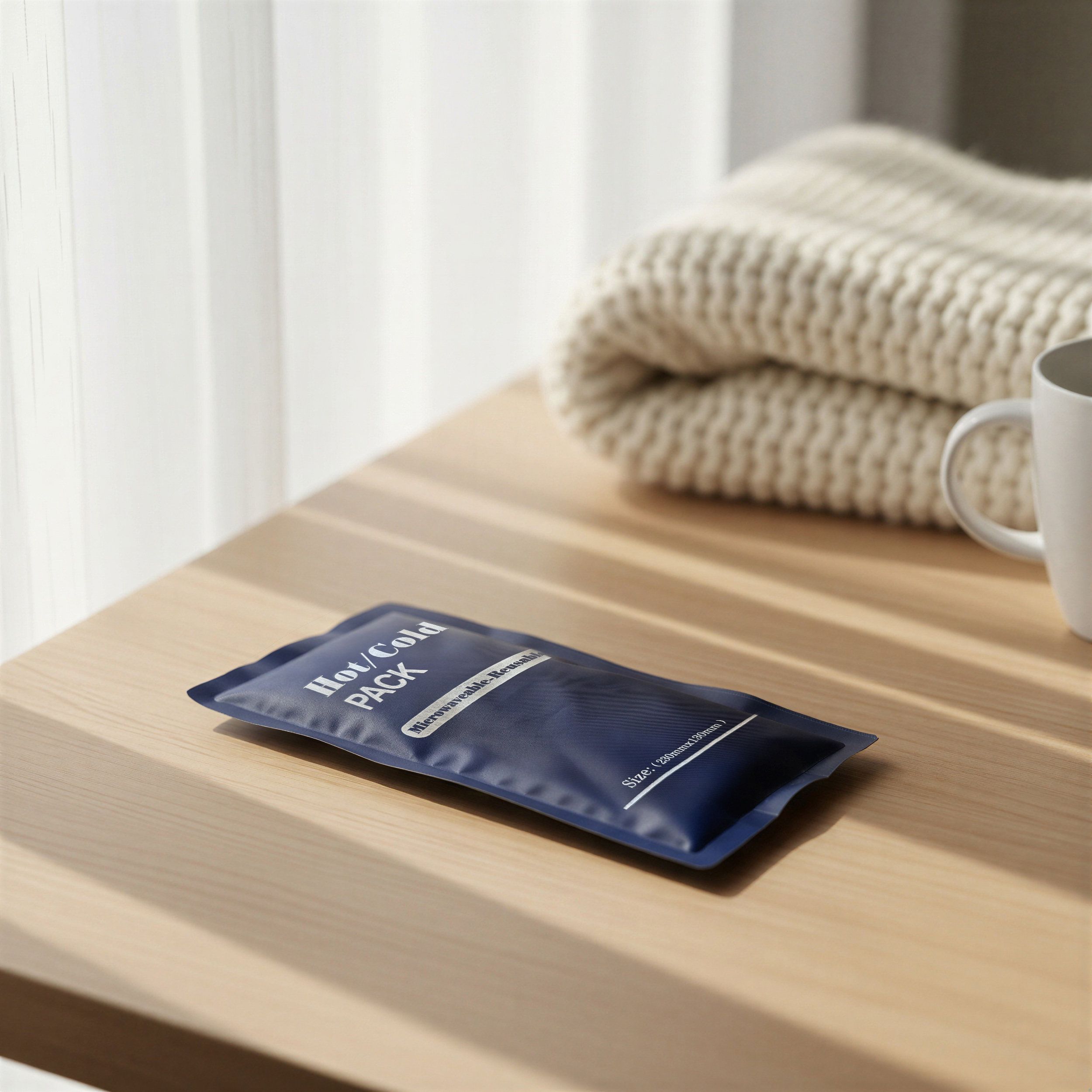 Impacco blu scuro su tavolo in legno. Scritto "Hot/Cold Pack". Scritta: Riutilizzabile. Sfondo: coperta, tazza.