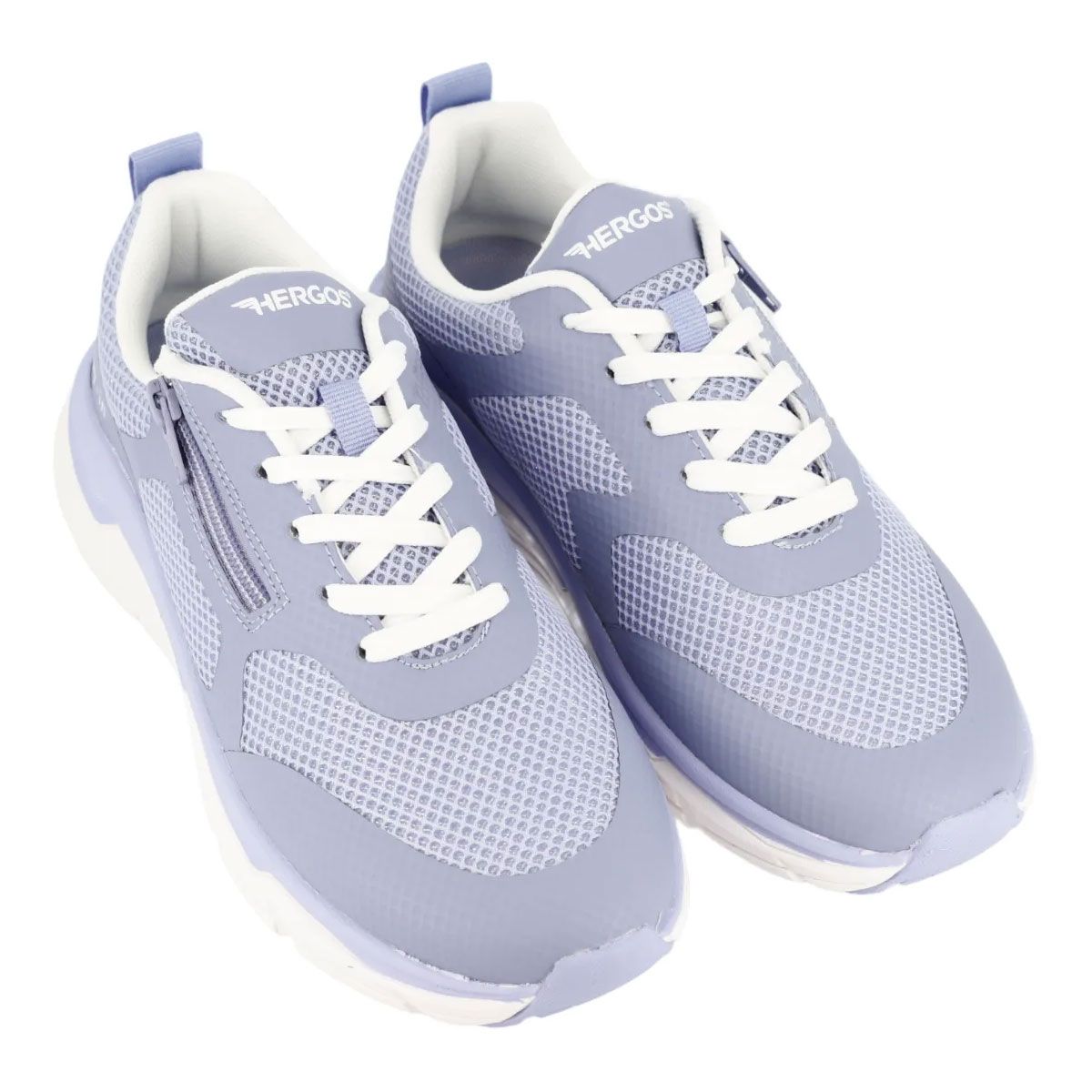 Sneakers azzurre con lacci e zip. Tomaia in mesh, suola bianca. Marchio HERGOS.