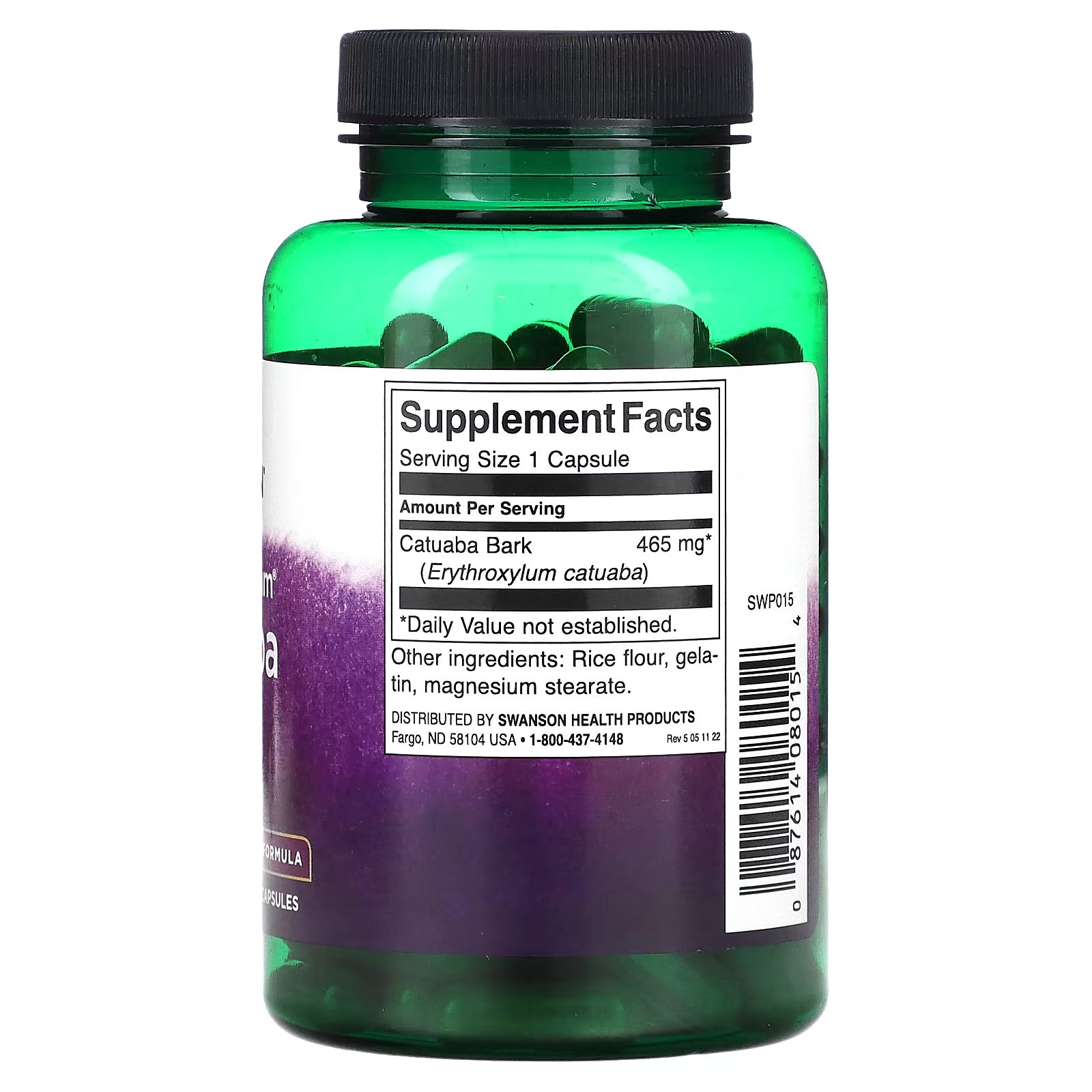 Flacone verde con etichetta. Contiene informazioni su Catuaba Bark, 465 mg per porzione. Elenco ingredienti.