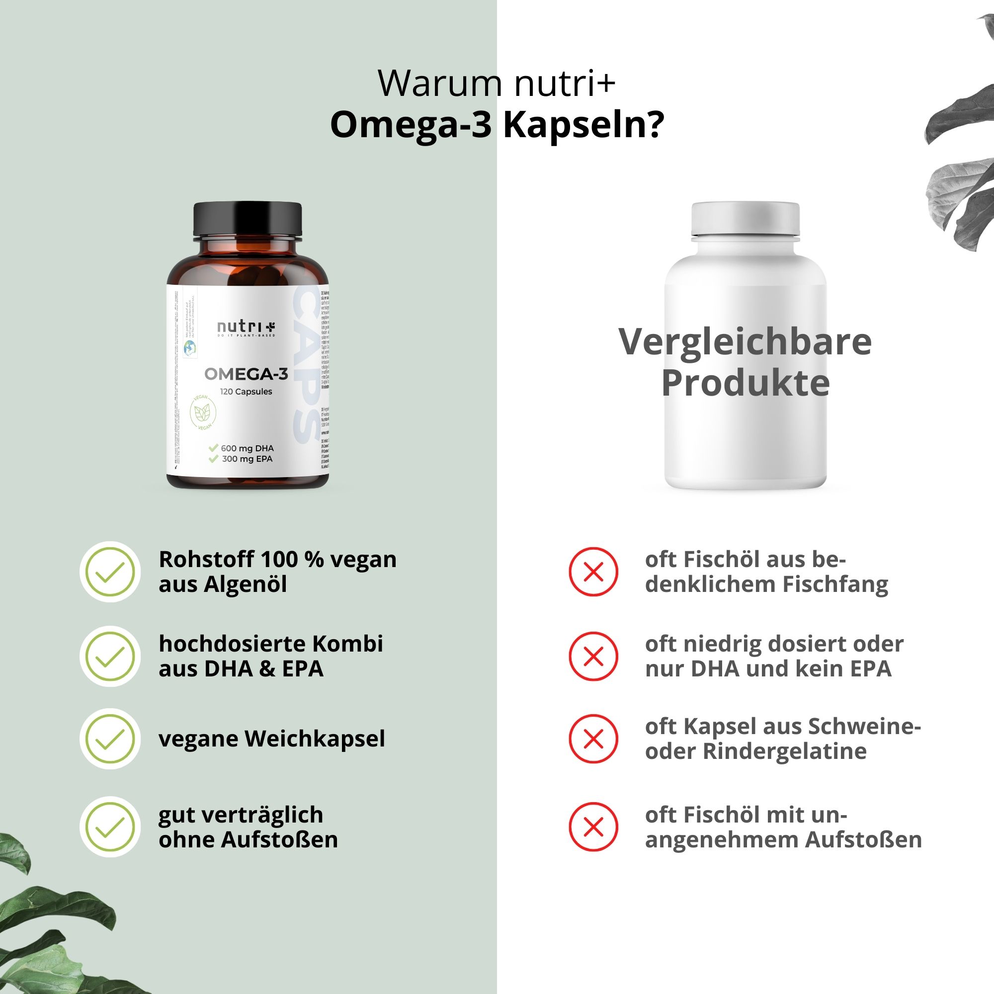 Confronto delle capsule nutri+ Omega-3 con un altro prodotto. A sinistra: bottiglia con etichetta nutri+. A destra: bottiglia bianca con croci rosse.