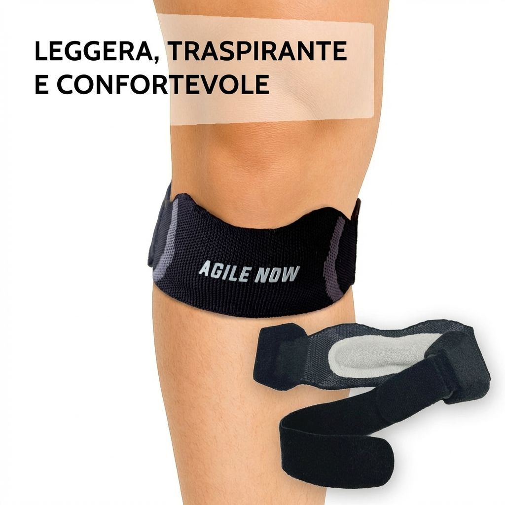 Ginocchiera sulla gamba. Testo: AGILE NOW. Testo: LEGGERA, TRASPIRANTE E CONFORTEVOLE. Ginocchiera aggiuntiva.
