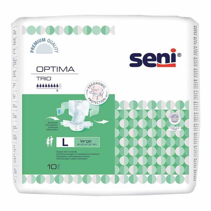 Confezione Seni Optima Trio L. Design verde e bianco. Immagine del prodotto. Scritte: Seni, L, 10 pezzi, marchi di qualità.