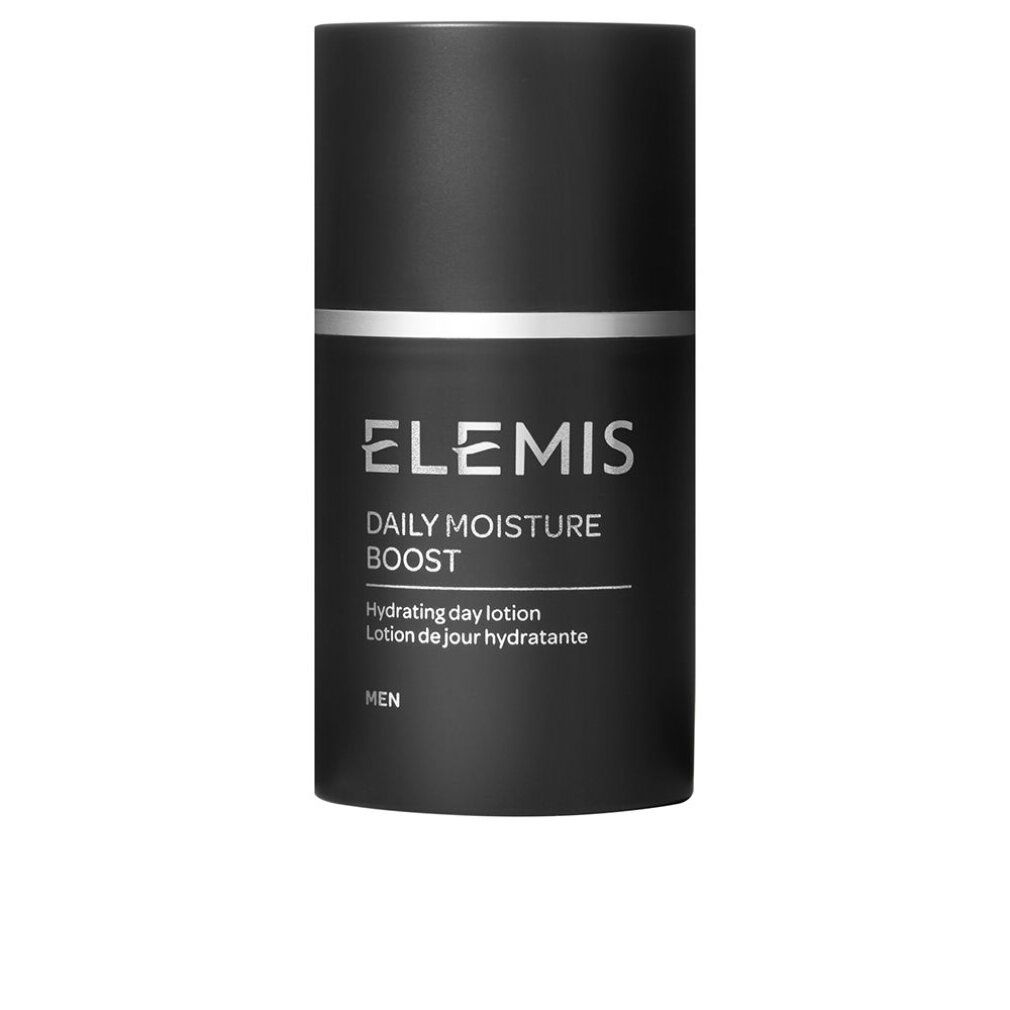 Flacone cilindrico nero. Scritta: Elemis, Daily Moisture Boost, Hydrating day lotion. Con anello argentato.