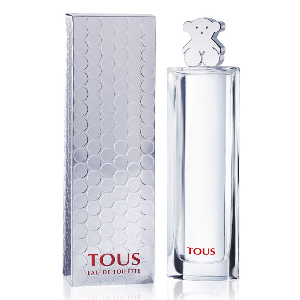 Flacone di profumo e scatola. Flacone con tappo a forma di orso argentato. Scritta: Tous Eau de Toilette. Scatola argentata con motivo a pois.