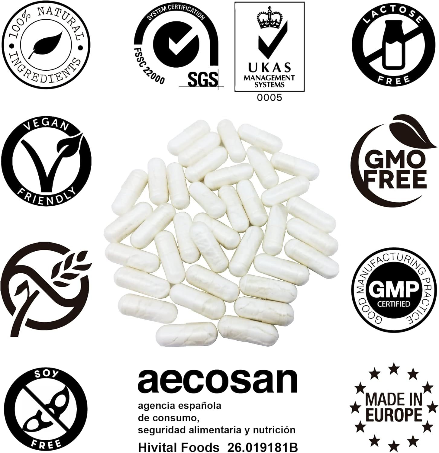 Capsule bianche circondate da loghi di certificazione. Testo: aecosan, Hivital Foods 26.019181B.