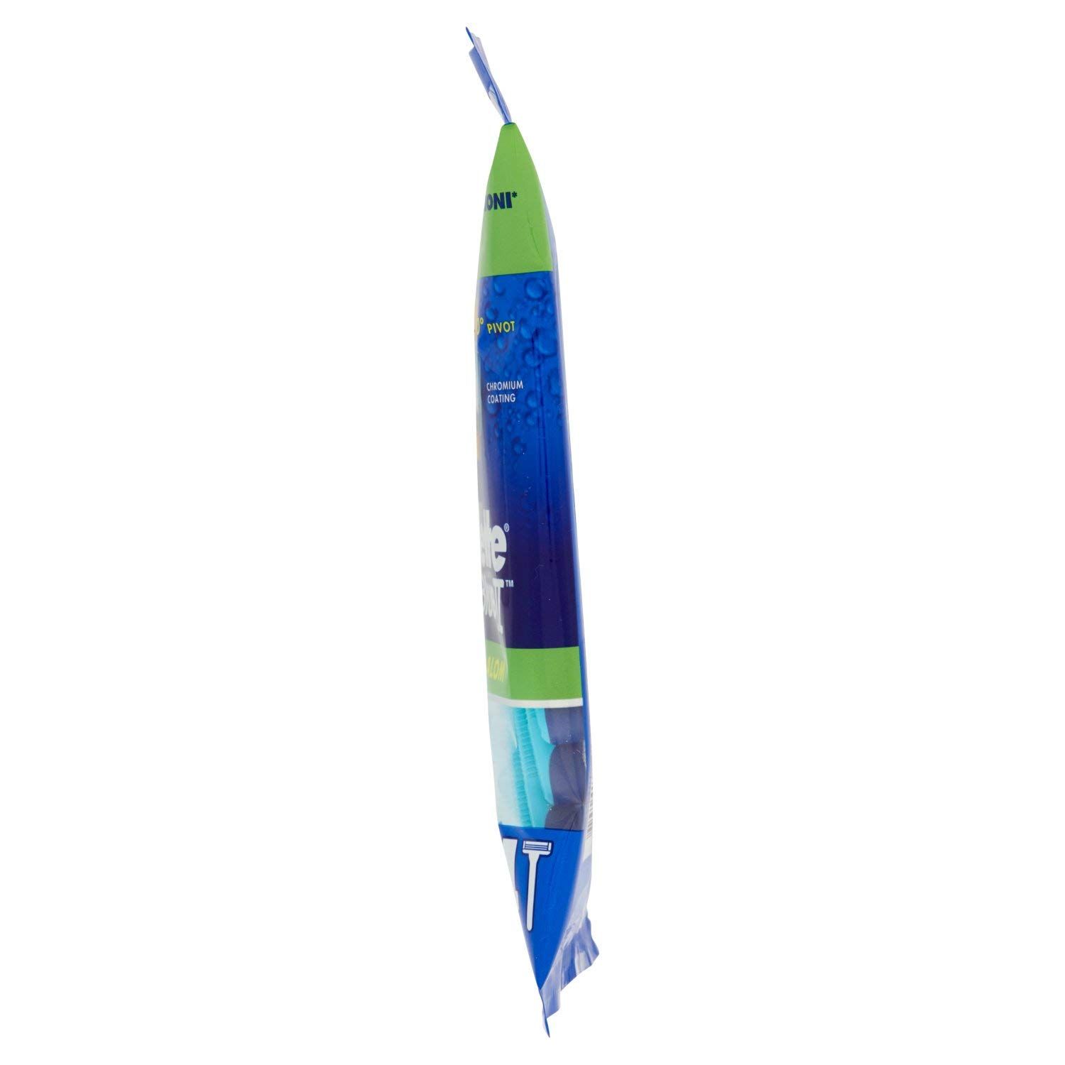 Vista laterale stretta della confezione. Confezione blu con dettagli verdi. Nome del prodotto Gillette Blue II Slalom. Foro per appendere.