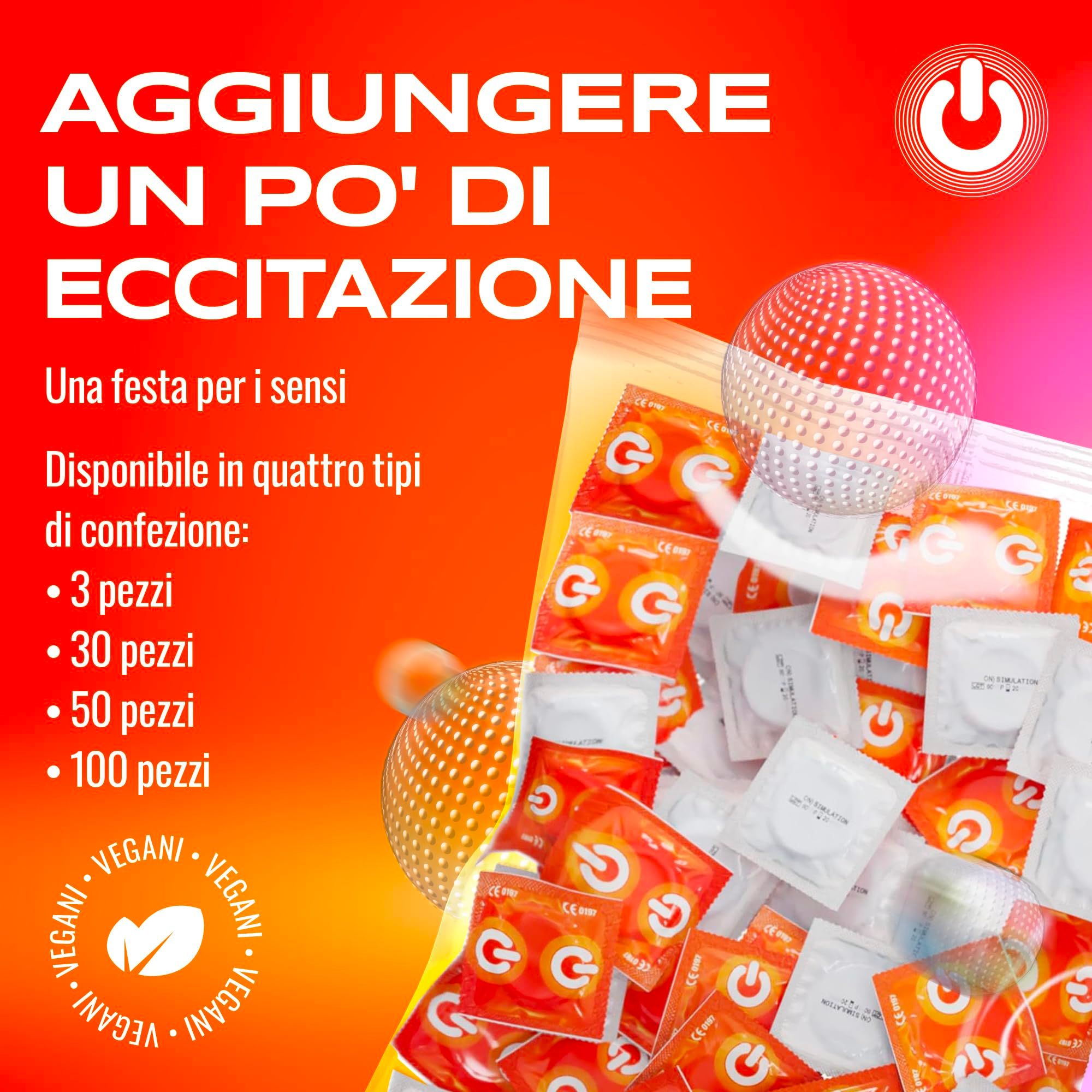 Confezioni da 3, 30, 50 e 100 preservativi, vegani.