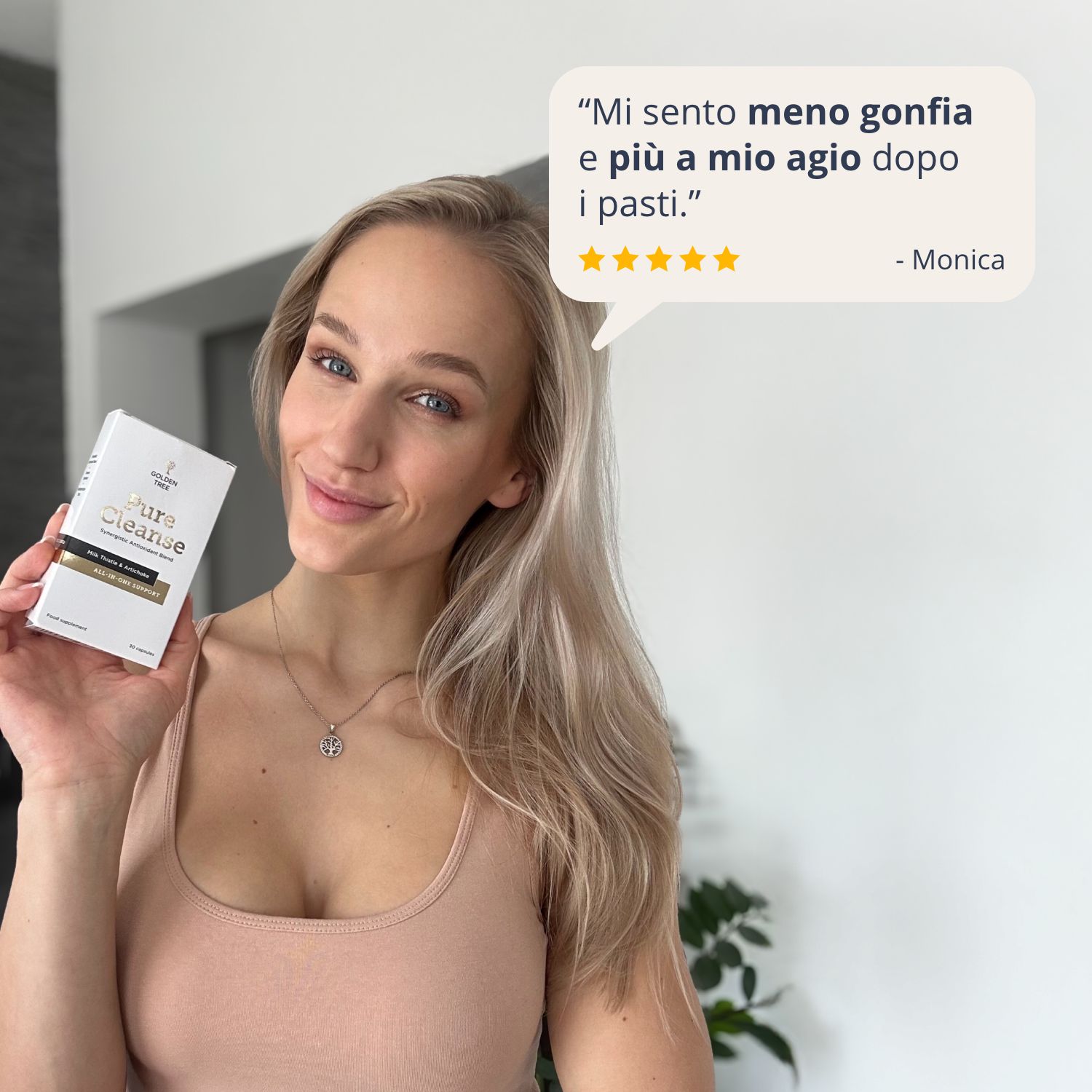 Donna con confezione Golden Tree Pure Cleanse, citazione sul benessere dopo i pasti.