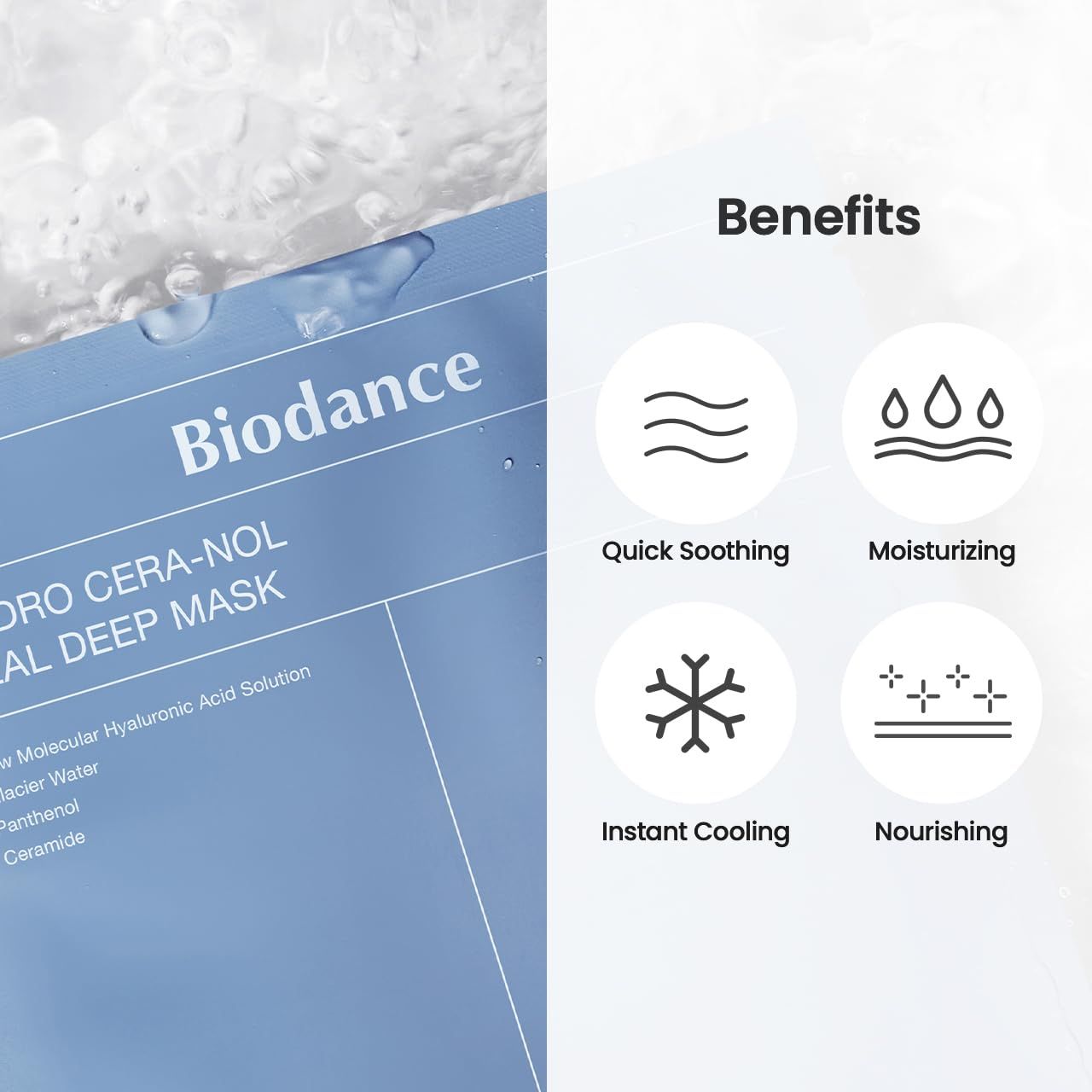 Primo piano della confezione blu Biodance. Testo: Hydro Cera-Nol Real Deep Mask. Vantaggi: Quick Soothing, Moisturizing, Instant Cooling, Nourishing.
