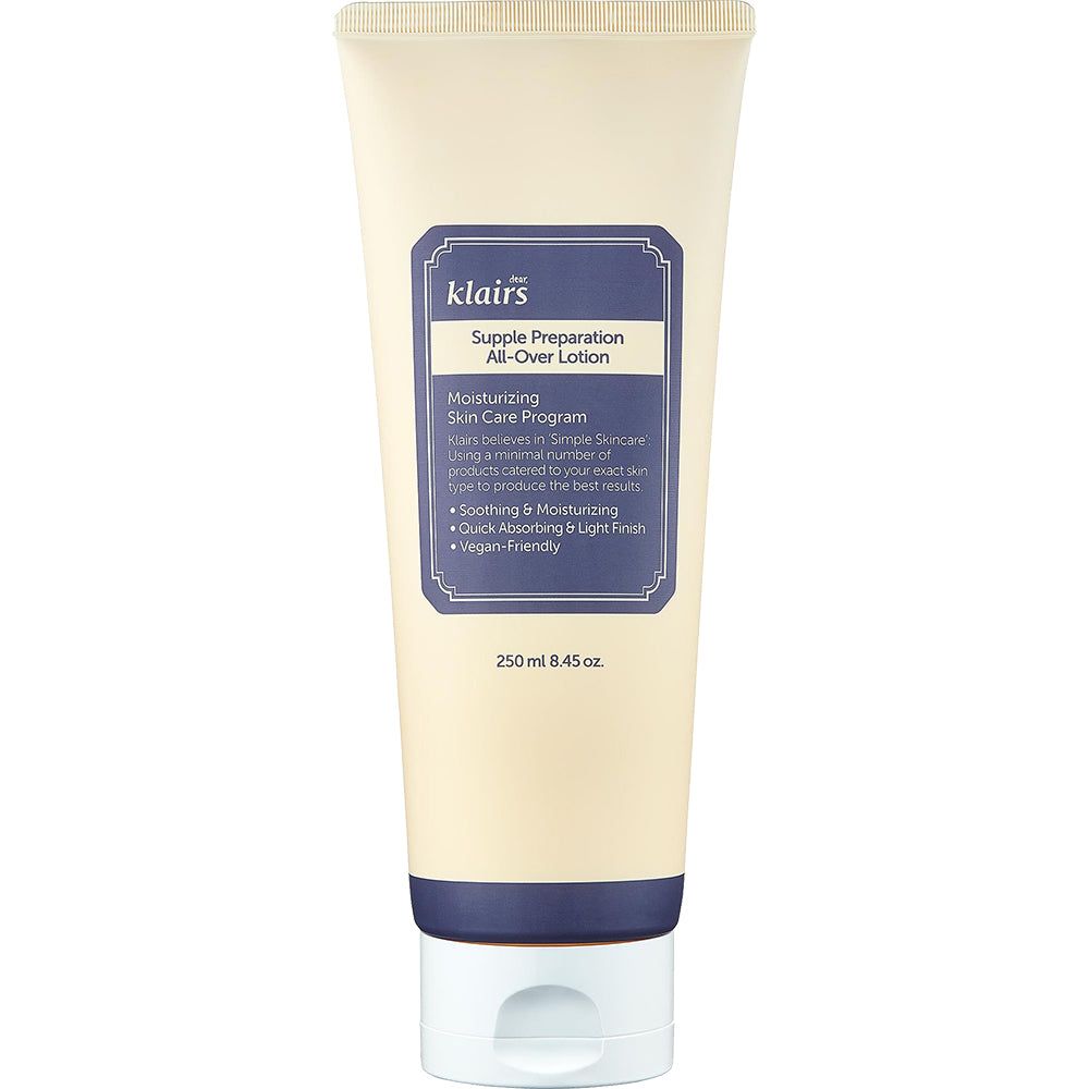 Tubo beige con etichetta blu. Testo: klairs, Supple Preparation All-Over Lotion. 250ml.
