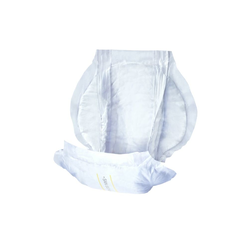 San Seni Prima, protezione per incontinenza. Bianca, forma anatomica. Diversi strati visibili.