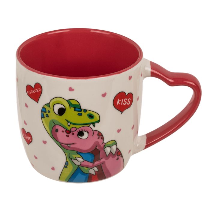 Tazza con dinosauri, interno rosso e manico a cuore. Scritte 'Forever' e 'Kiss'.