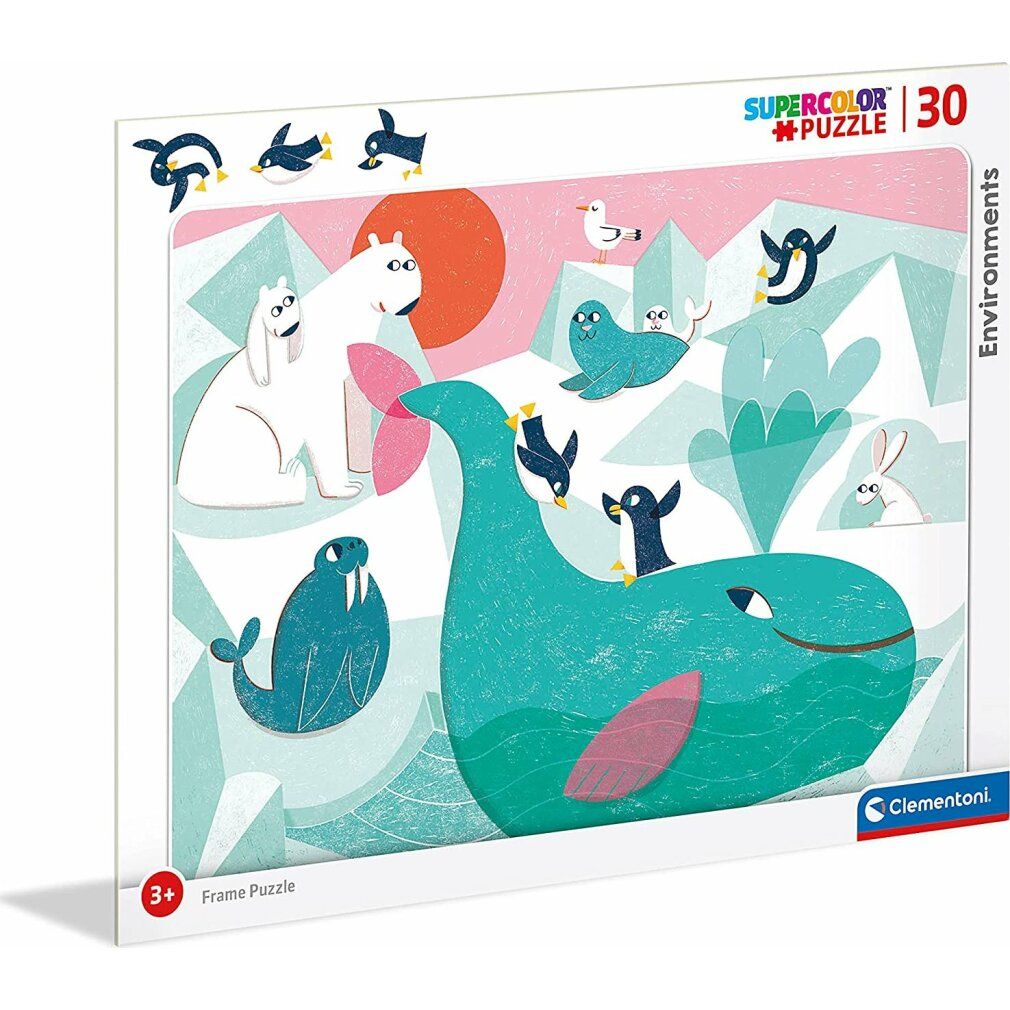 Puzzle Clementoni da 30 pezzi. Tema: Polo con animali. Orso polare, tricheco, foca, pinguini, balena. Puzzle con cornice. Età consigliata: 3+
