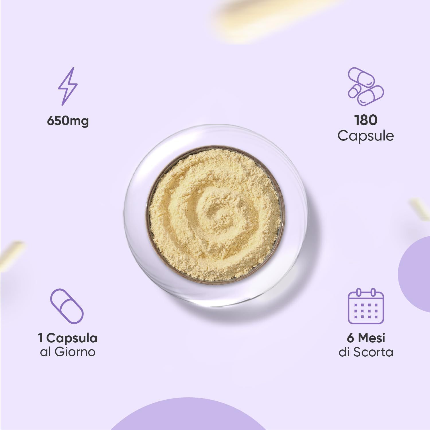 Polvere gialla in una ciotola. Testo: 1 capsula al giorno, 180 capsule, scorta per 6 mesi, 650mg per capsula.