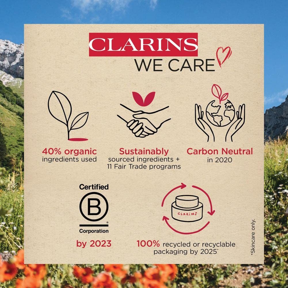 Infografica con logo Clarins, testi sulla sostenibilità e certificazioni. Certificazione B Corp.