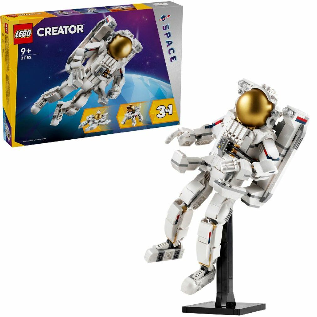 Modello LEGO Creator Astronauta. Bianco, visiera dorata. Su supporto nero. Confezione sullo sfondo. Modello 3-in-1.