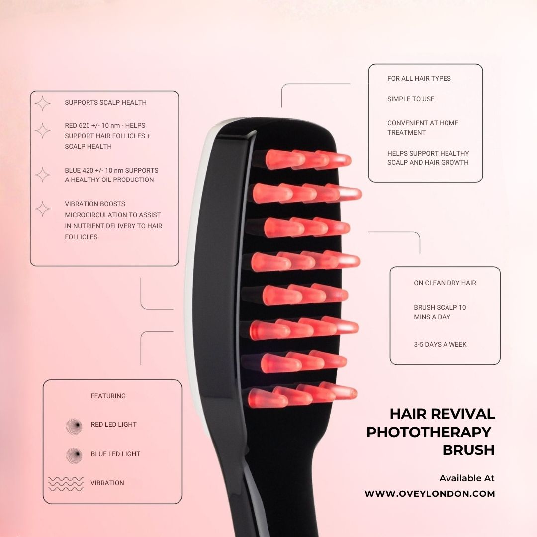 Primo piano di una spazzola per capelli nera con dentini a LED rossi e caselle informative.