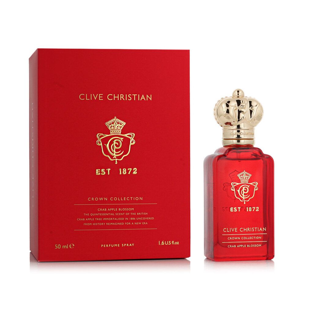 Scatola rossa e flacone. Scritta: Clive Christian Crown Collection Crab Apple Blossom. Flacone con tappo a corona dorata.