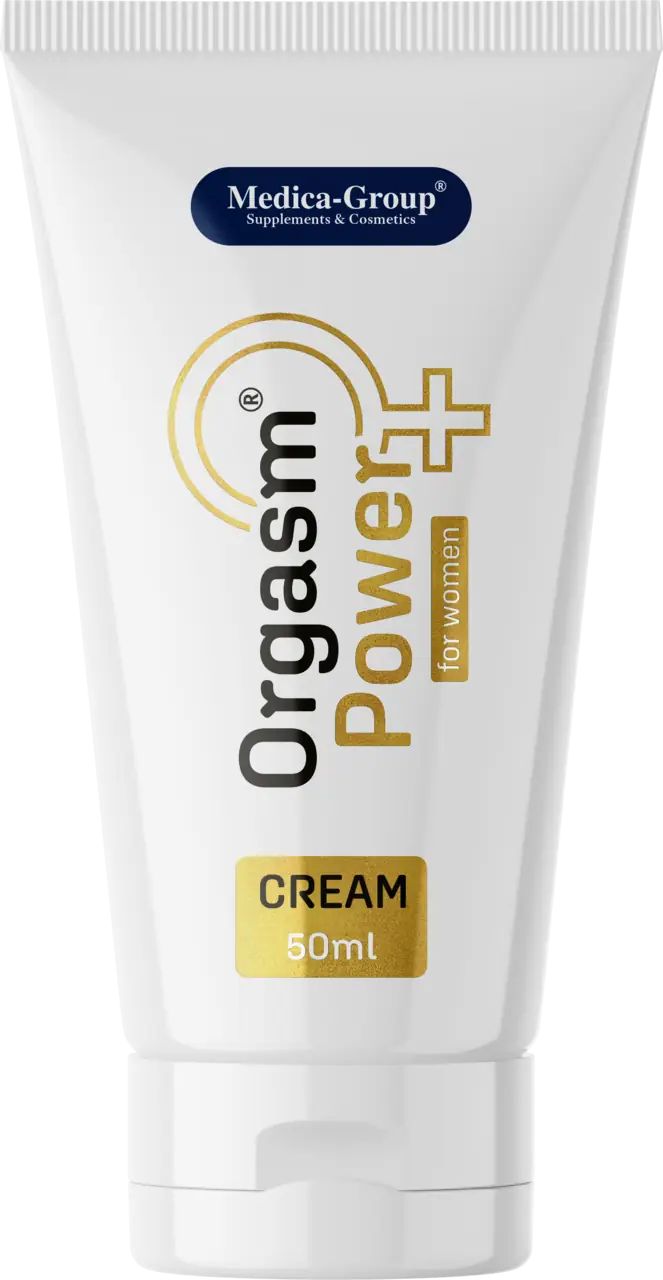 Tubo di crema bianco. Scritta: Orgasm Power for women, crema. Marchio: Medica-Group. Logo e testo dorati.