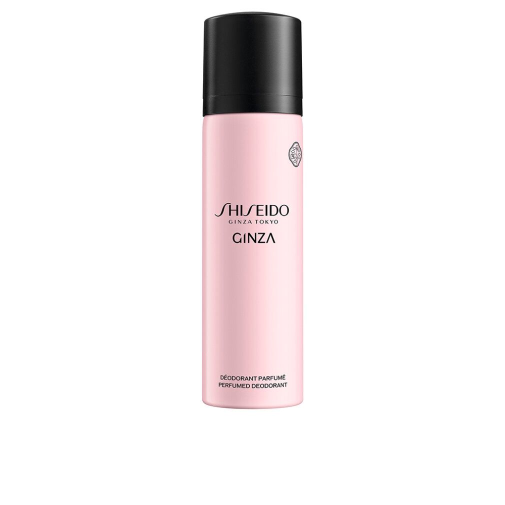 Spray deodorante rosa con tappo nero. Scritta: SHISEIDO GINZA TOKYO GINZA. Testo: DEODORANT PARFUME PERFUMED DEODORANT.