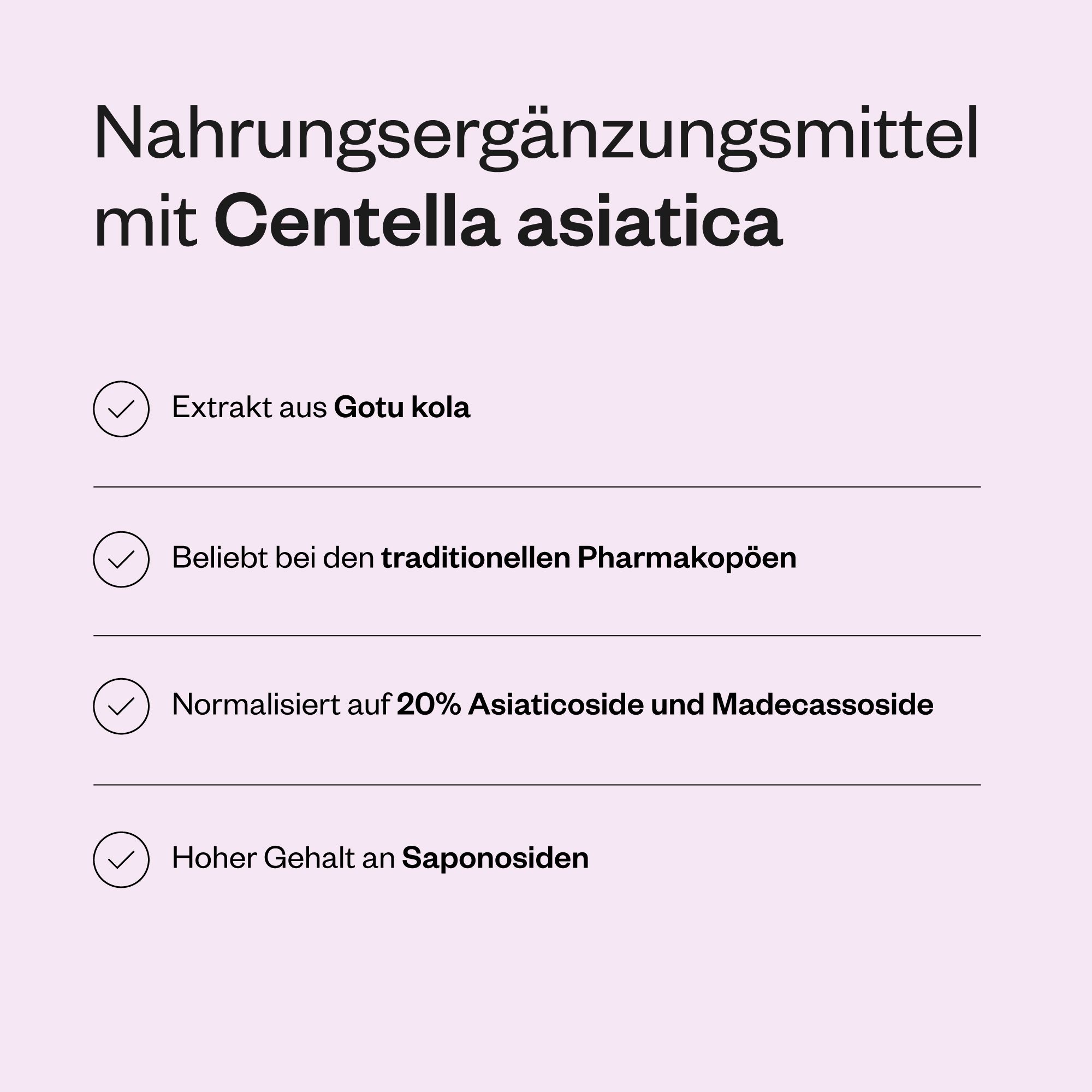 Su sfondo rosa: elenco dei benefici di Centella asiatica. Contiene: estratto di Gotu Kola, 20% Asiaticoside e Madecassoside.