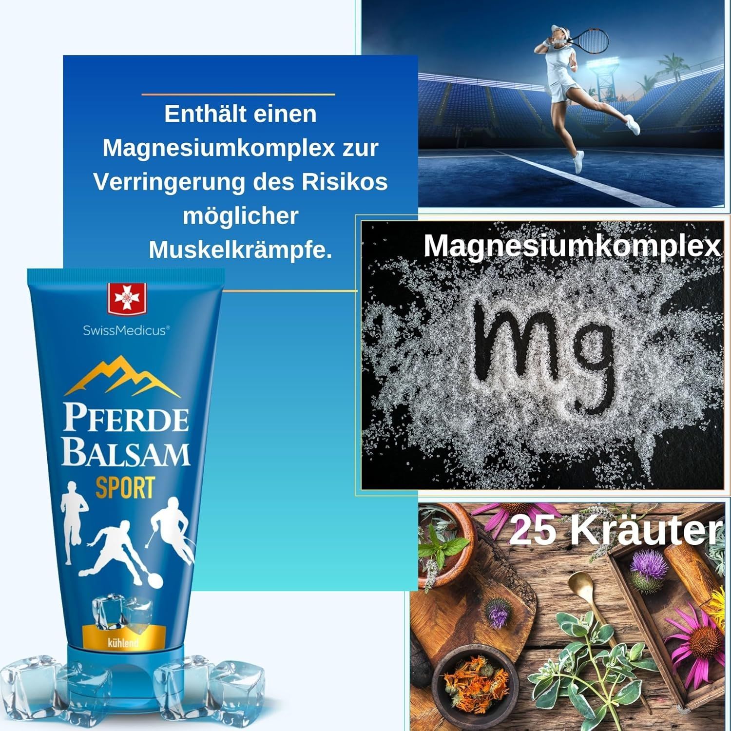 Tubo blu "Pferde Balsam Sport". Logo SwissMedicus. Complesso magnesio. Erbe. Tennista. Cubetti di ghiaccio.