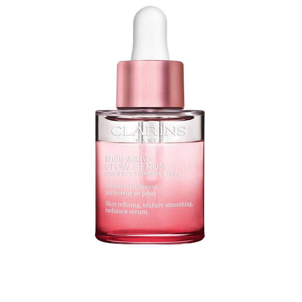 Flacone di siero rosa con contagocce bianco. Testo: Clarins, Multi Active Glow Serum, Skin refining, texture smoothing, radiance serum.