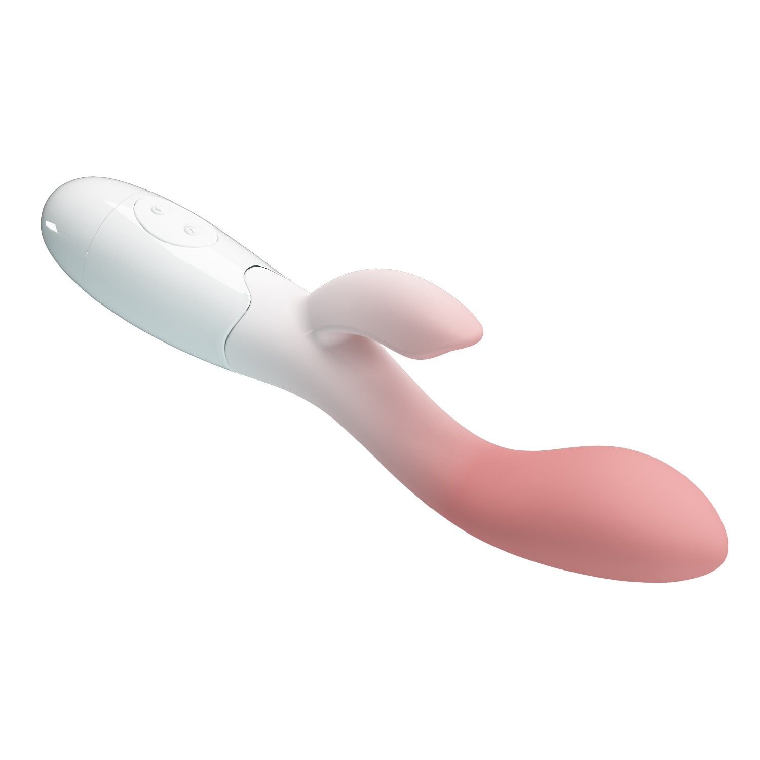Vibratore bianco e rosa. Testa rosa, manico bianco. Forma curva con due pulsanti.