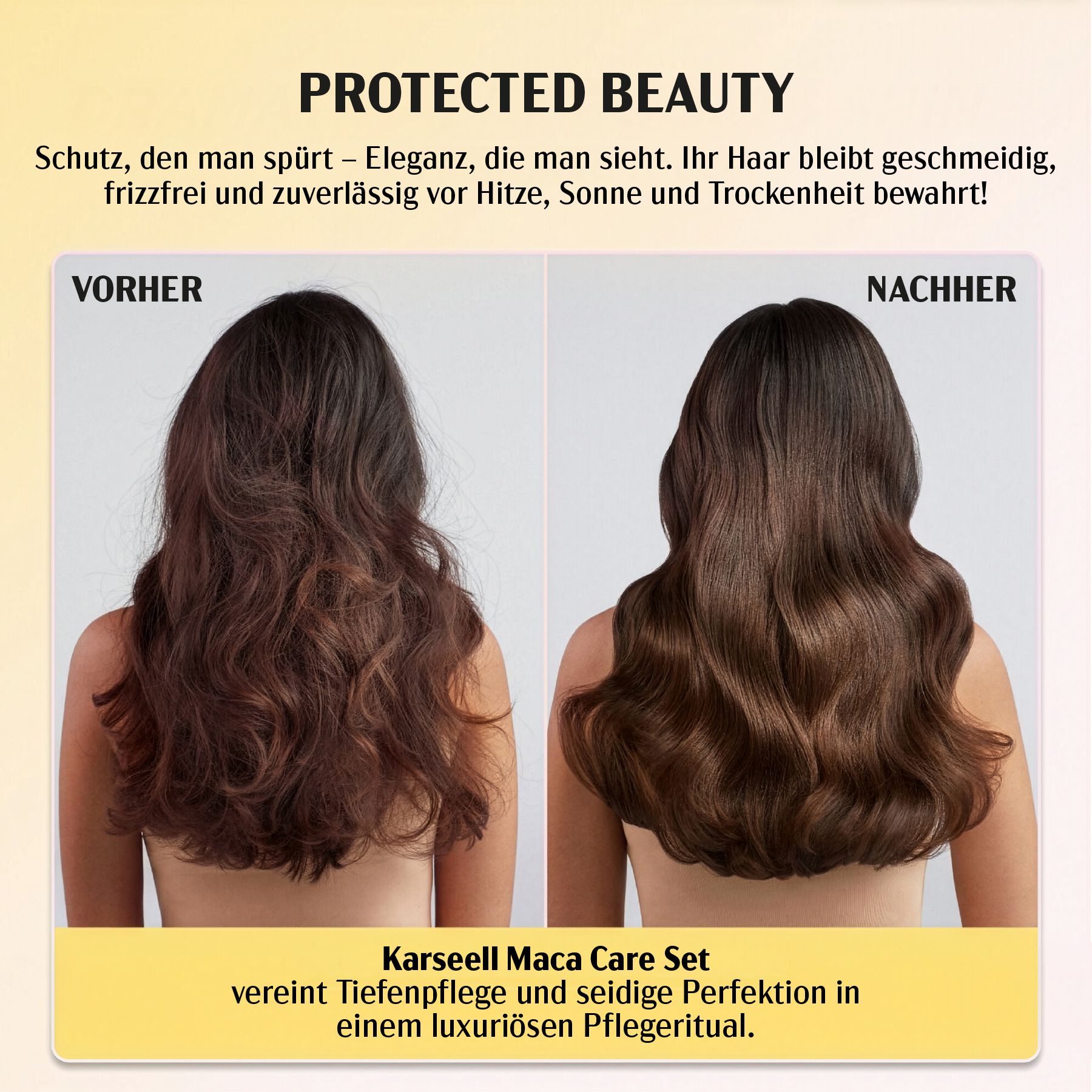 Confronto prima-dopo. Karseell Maca Care Set. Capelli prima e dopo l'uso.