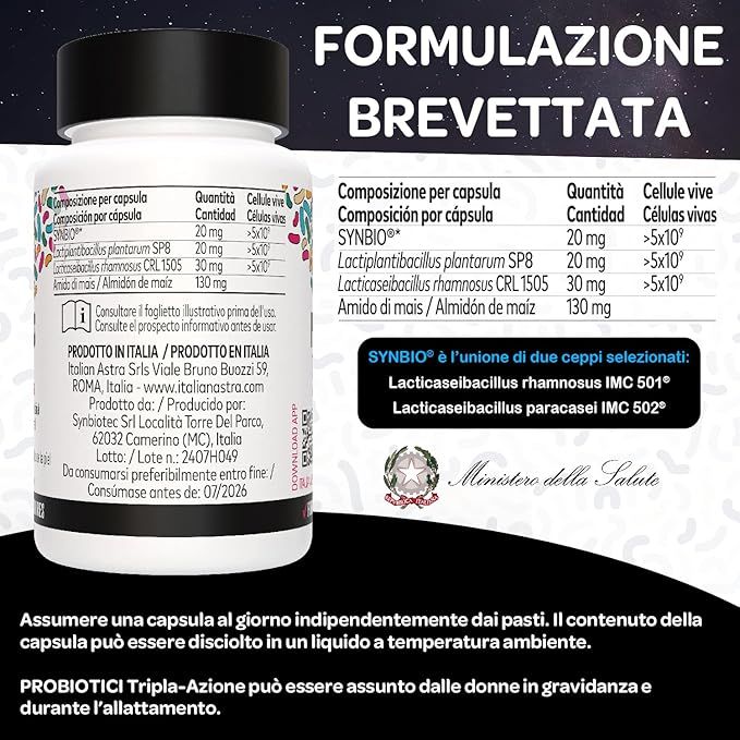 Retro del flacone. Testo: Formulazione Brevettata. Ingredienti, informazioni di produzione, Ministero della Salute.