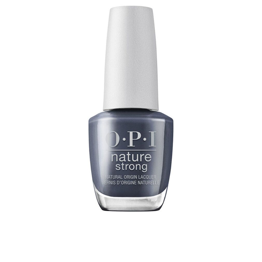 Flacone di smalto per unghie OPI Nature Strong. Liquido grigio, tappo bianco. Scritta: OPI, Nature Strong.