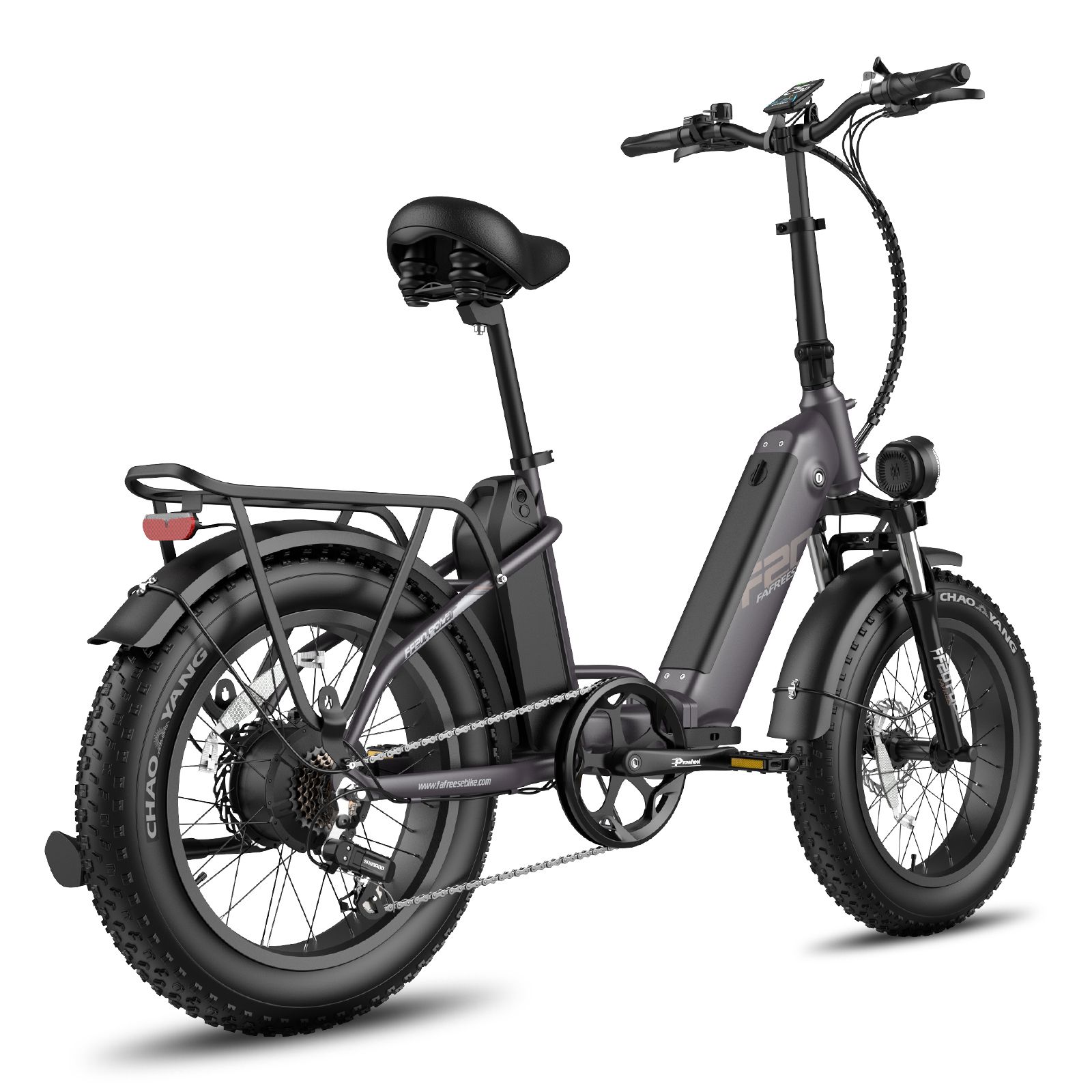 E-bike pieghevole grigio con pneumatici larghi, portapacchi e fanale posteriore. Batteria sul telaio.